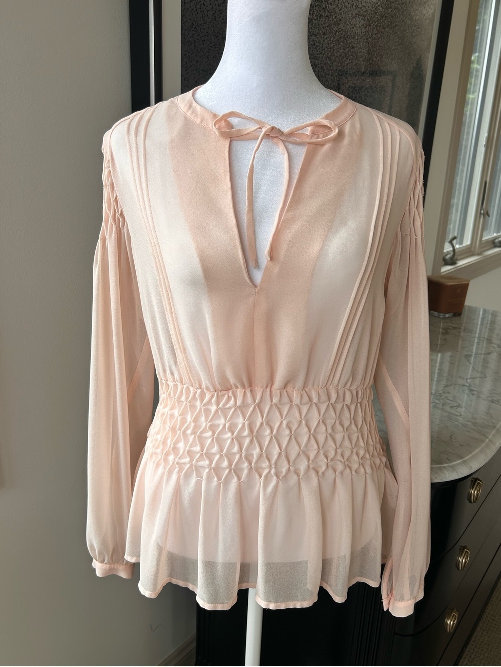 bebe Soft Peach Tie-Neck Smocked Peasant sheer Blouse
